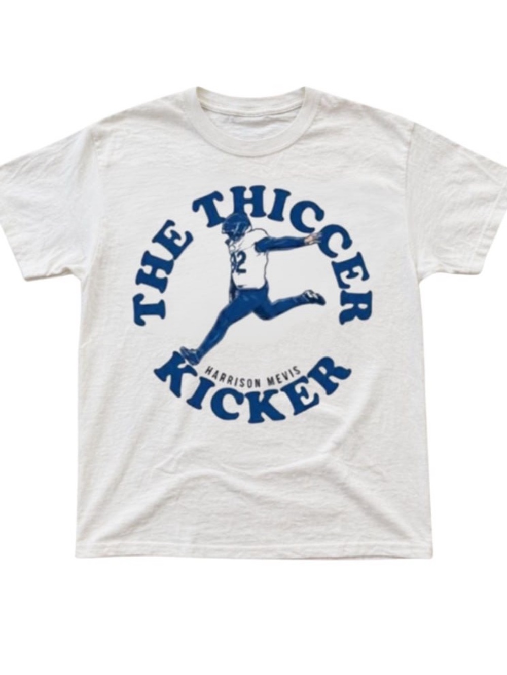 White Short Sleeve Tee with Navy Football Kicker Graphic